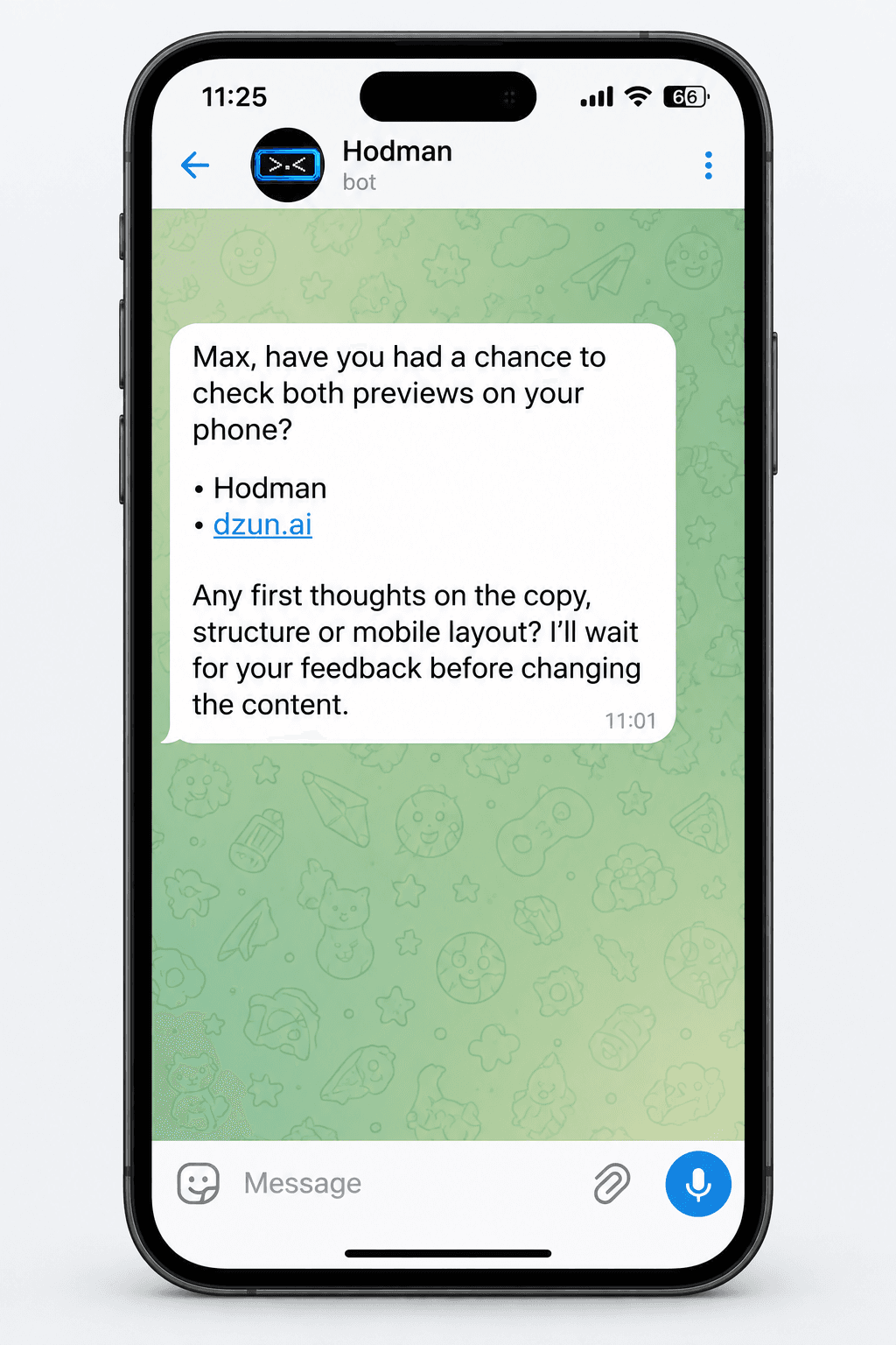 Hodman in Telegram asks Max to review two landing page previews on his phone and waits for feedback before changing the content