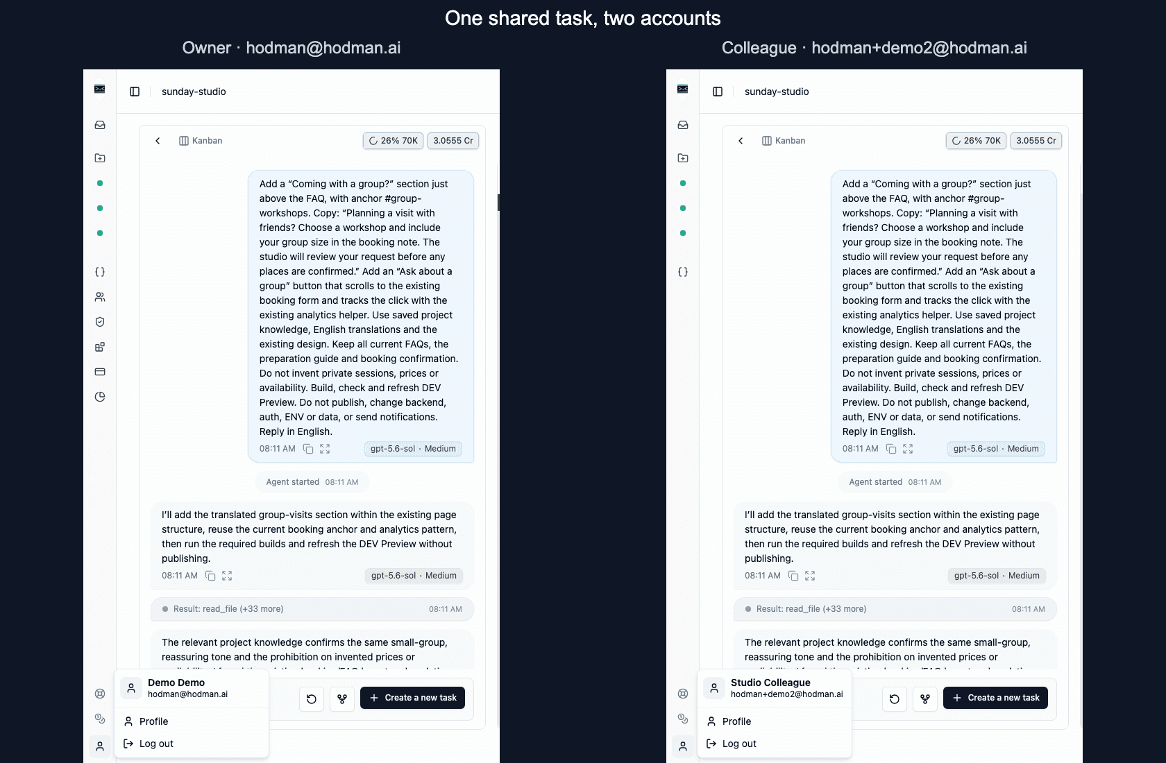The same Sunday Studio project task viewed from the owner and colleague accounts in Hodman