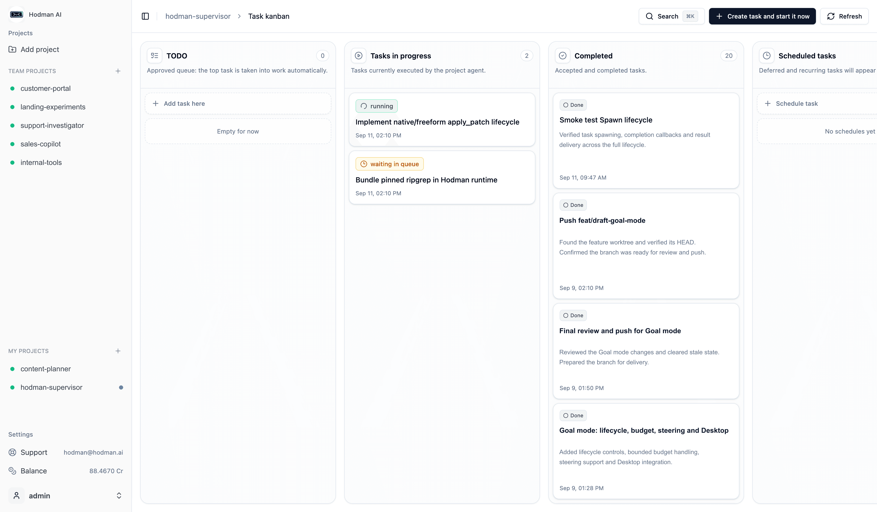 Kanban de Hodman con tareas en ejecución, en cola y completadas